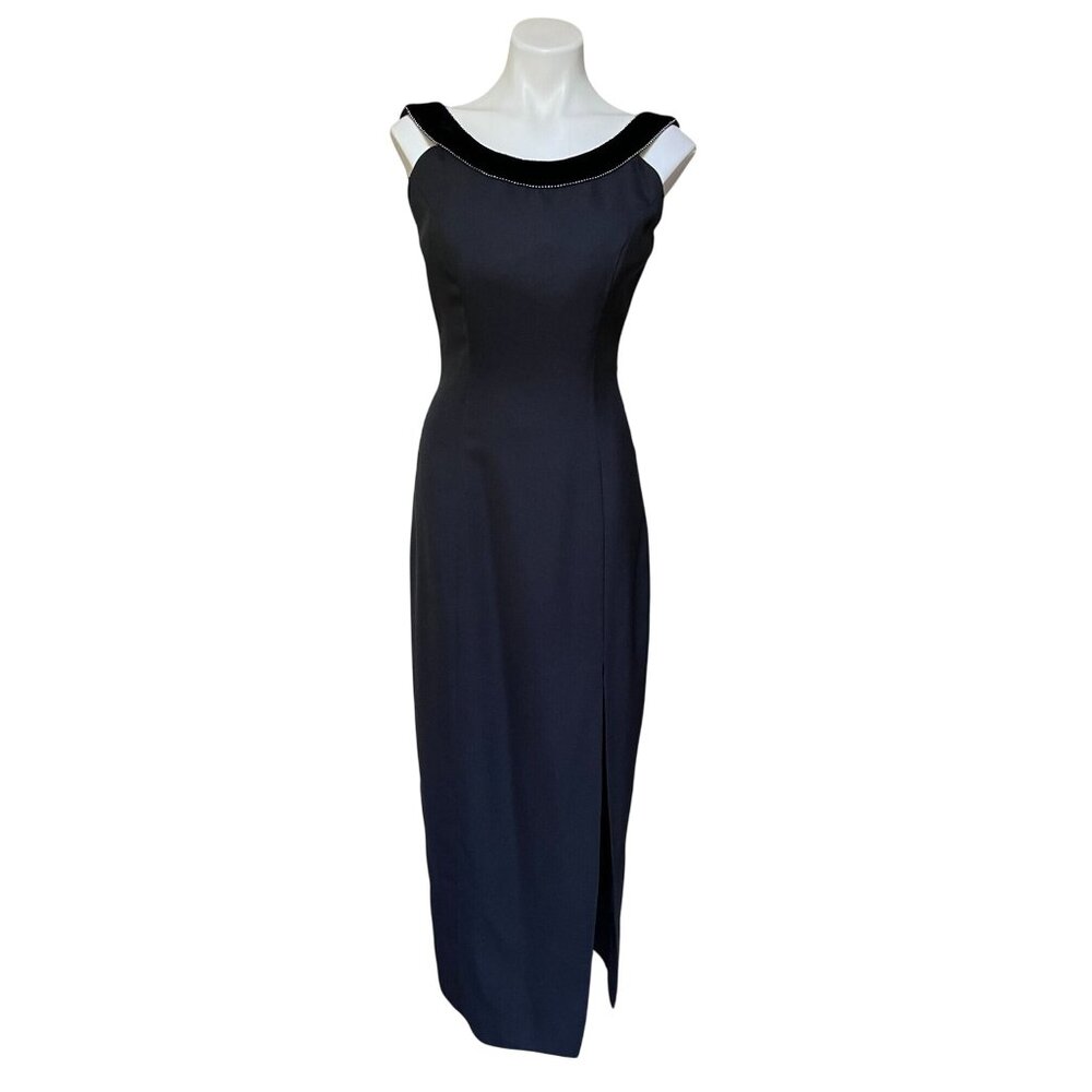 Vintage 90s Elegant Black Evening Gown w Velvet Collar & Rhinestone Trim Small